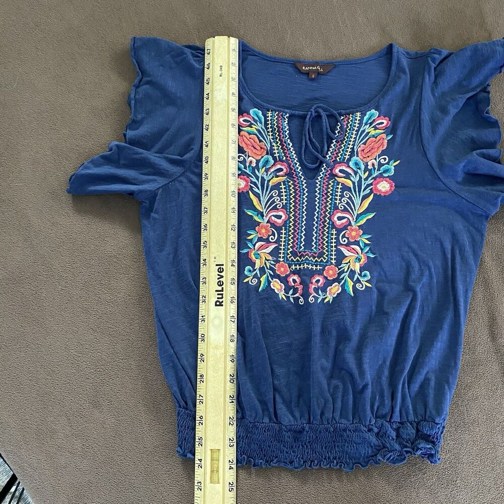 Anthro Ranna Gill Enesta Sz S Tie Frnt Blue Colorful Embroidery Long Flutter Slv - Picture 10 of 10